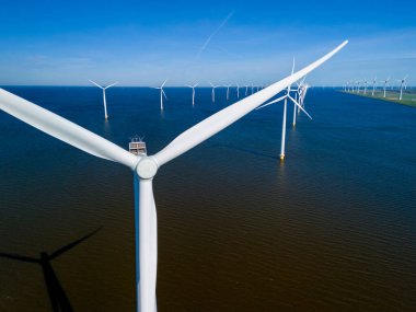 Uçsuz bucaksız bir su kütlesinin ortasında, Hollanda Flevoland 'ında bahar mevsiminde temiz enerji üretmek için rüzgarın gücünü kullanan yüksek türbinli bir rüzgar çiftliği bulunuyor..