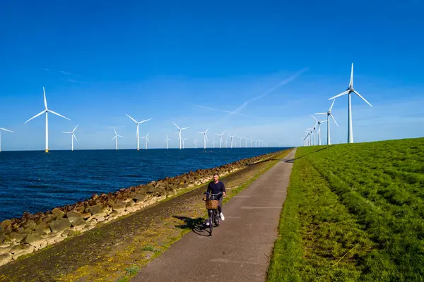 Чоловік Який Енергійно Їздить Стежці Вистеленою Вітровими Турбінами Нідерландах Флеволанд — стокове фото