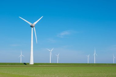 Bir grup zarif yel değirmeni Hollanda 'nın yemyeşil bir tarlasında ayakta duruyor. Rüzgarın enerji üretme gücünü ele geçiriyorlar..