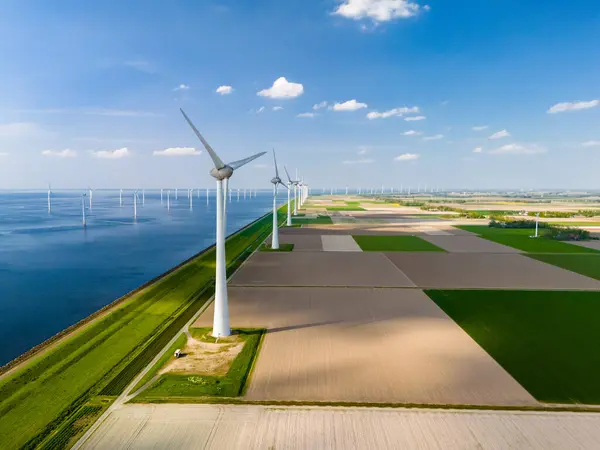 Захватывающий Вид Воздуха Запечатлел Ветряную Ферму Нидерландском Регионе Флеволанд Рядами Лицензионные Стоковые Фото