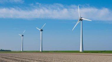 Hollanda, Flevoland 'da geniş bir arazide, rüzgarın gücünü yenilenebilir enerji üretmek için kullanan bir sıra parlak rüzgar türbini yüksekte duruyor..