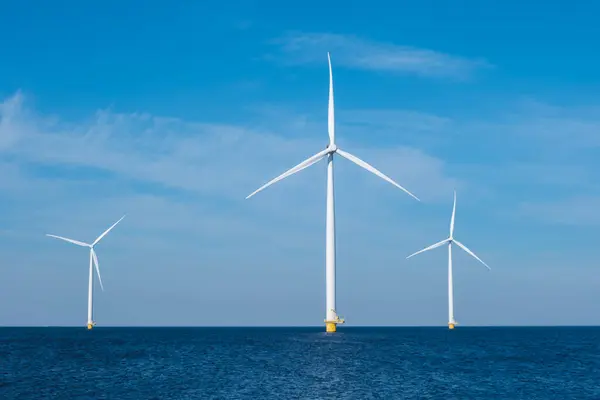 Group Wind Turbines Rise Majestically Ocean Coast Flevoland Netherlands Harnessing — Stock Photo, Image