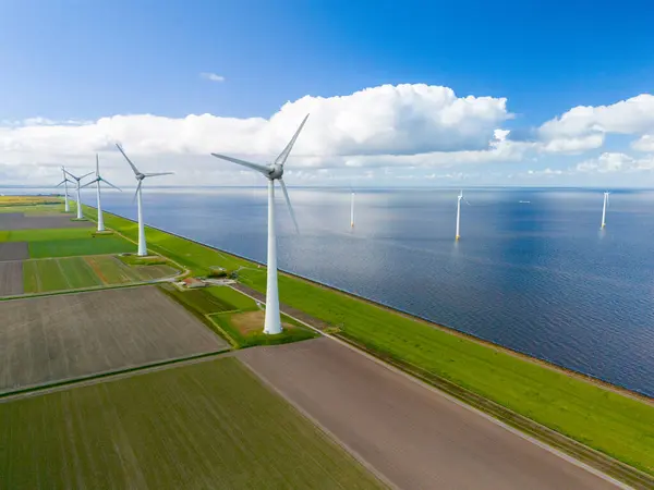 Mesmerizing Aerial View Wind Farm Ocean Rows Elegant Windmill Turbines — Stock Photo, Image