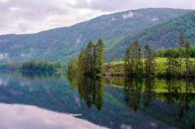 Norveç 'teki Araksfjorden Gölü, gündoğumunda güzel bir dağ gölüdür. Ağaçları, dağları ve yansımaları olan bir göldür.