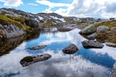 Norveç 'te mavi gökyüzünün ve bulutların sakin sularda yansımasını gösteren bir akarsu manzarası. Dere, kayalar ve dağlarla çevrili. Huzurlu bir manzara yaratıyor..