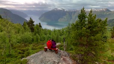 Bir çift Norveç 'te fiyorda bakan kayalık bir tepede oturuyor. Huzurlu manzara, Molden yürüyüşü, Norveç 'ten LustraFjord' un manzarasına hayran oldukları için onlar için huzurlu bir zemin oluşturuyor.