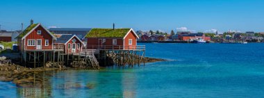 Geleneksel kırmızı evler, Norveç 'in küçük bir köyündeki suya bakan sazlıklar üzerine inşa edildi. Evler, binalar, tekneler ve berrak mavi suların arasına yerleşmiş durumda. Reine, Lofoten, Norveç