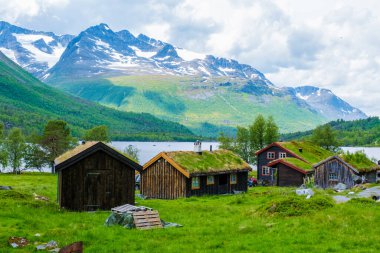 Çimen çatıları olan geleneksel Norveç kulübeleri arka planda karlı dağlarla kaplı bir vadiye kurulmuş. Norveç 'in iç kesimlerindeki en güzel dağ vadisi
