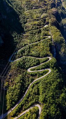 Norveç 'te yemyeşil bir ormanın içinden geçen bir yolun havadan görünüşü. Lysebotn, Lysefjorden, Norveç