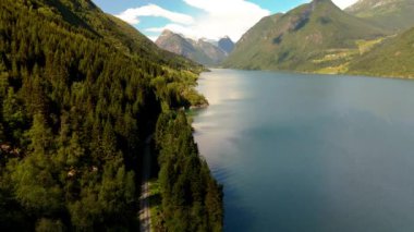 Fjaerlandsfjorden, Fjord, Vestland, Norveç, Aerial view, sık orman içinde sakin bir dağ gölü sergiliyor.