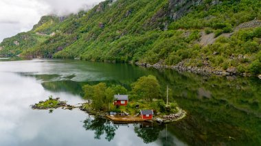 İki kırmızı kulübe yeşil sularla çevrili küçük, yemyeşil bir adada oturuyorlar. Lovrafjorden, Norveç