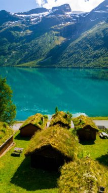 Norveç 'te turkuaz bir fiyordun kenarına kurulmuş geleneksel çim çatılı kulübelerin sakin manzarası ve arka planda karla kaplı dağlar. Lovatnet Gölü Lodal Vadisi Norveç