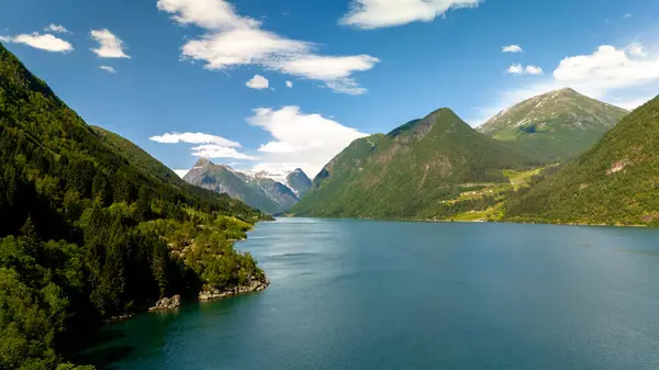 Stock image A picturesque view of a Norwegian fjord, nestled between lush green mountains and a clear blue sky dotted with fluffy clouds. Fjaerlandsfjorden, Fjord, Vestland, Norway