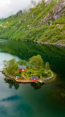 Norveç fiyortlarındaki küçük, ormanlı bir adanın havadan görünüşü. Adada yeşil ağaçlar ve ahşap bir rıhtımla çevrili iki kırmızı kulübe var. Lovrafjorden, Norveç