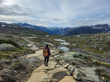 Tek başına bir yürüyüşçü, Norveç 'in çarpıcı dağları ve bulutlu bir gökyüzünün altında sakin göllerle çevrili kayalık bir patika boyunca yürüyor. Trolltunga, Norveç
