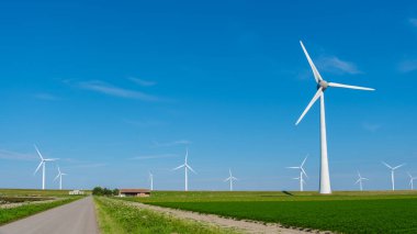 Uzun rüzgar türbinleri, verimli yeşil alanlar ve parlak mavi bir gökyüzü karşısında rüzgâr enerjisini kullanarak zarifçe dönerler. Hollanda 'daki yel değirmeni parkı