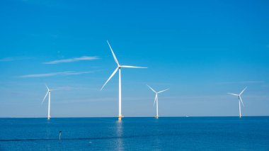 Görkemli rüzgar türbinleri ufukta zarifçe dönerek, rüzgarı Hollanda 'da canlı bir mavi zemine karşı yenilenebilir enerjiye dönüştürüyor. Flevoland 'daki Windmill Parkı Westermeerdijk