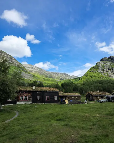 Çimenlerle kaplı çatıları olan antika bir çiftlik evi heybetli dağlar ve berrak mavi gökyüzü ile çevrili canlı bir vadide huzur içinde oturuyor. İç Norveç