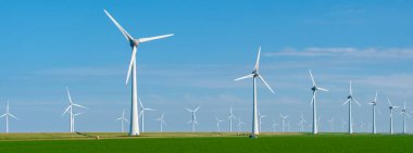 Rüzgar türbinleri esintide zarifçe dönüyor, Hollanda 'daki canlı yeşil alanlara karşı temiz enerjiyi kullanıyorlar.. 