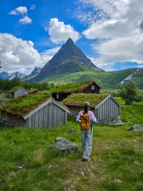 Yürüyüşçü, yükselen dağlar ve canlı bulutlarla çevrili yeşilliklerle bezenmiş tuhaf ahşap kulübeleri keşfeder. İç Norveç
