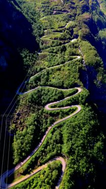 Norveç 'i keşfetmek büyüleyici bir güzelliktir. Bu hava manzarası canlı yeşilliklerle çevrili dolambaçlı bir yol. Lysefjord' daki bu muhteşem manzarada seyahat ve maceranın özünü yakalar. 