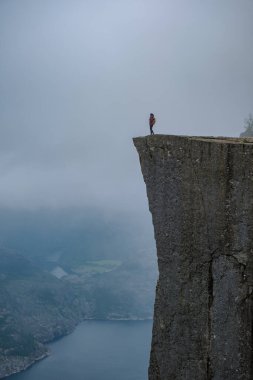 Yalnız bir yürüyüşçü zaferle bir uçurumun kenarında duruyor, aşağıdaki dramatik sis örtülü fiyorda bakıyor, doğanın ilham verici güzelliğine dalmış. Önceki Norveç