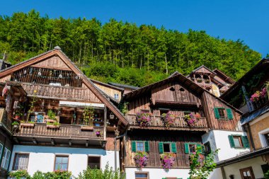 Avusturya 'nın Hallstatt kentindeki pitoresk köyde, canlı çiçek kutularına sahip ahşap evler doğanın güzelliğini yansıtır. Açık mavi gökyüzü bu büyüleyici bölgenin sakin atmosferini arttırır..