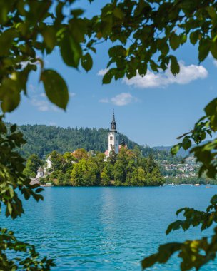 Bled Gölü 'nün sakin suları büyüleyici bir adayı çevreleyen canlı yeşilliği yansıtır.