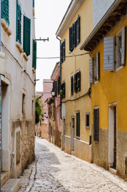 Rovinj 'in pitoresk sokaklarında dolaşmak renkli panjurlar ve büyüleyici kaldırım taşlarıyla süslenmiş canlı binaları ortaya çıkarıyor. Sıcak güneş hoş gölgeler bırakır, sanatsal havayı güçlendirir..