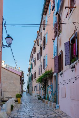 Hırvatistan 'ın Rovinj kentindeki kaldırım taşı yolunda sakin bir yürüyüş, açık mavi gökyüzü altında sakin bir ortam yaratarak, kepenkler ve bitkilerle süslenmiş büyüleyici, pastel renkli binaları ortaya çıkardı..