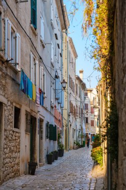 Rovinj Hırvatistan 'da tuhaf kaldırım taşı caddelerinde yürümek, canlı cepheleri ve rüzgarda hafifçe sallanan çamaşırları ortaya çıkarıyor. Sıcak güneş ışığı bu sahil taşının cazibesini vurguluyor..