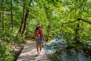 A traveler meanders along a wooden path surrounded by vibrant greenery and cascading waters, immersed in the enchanting beauty of Plitvice Lakes National Park in Croatia. clipart