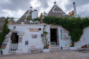 Alberobello İtalya 18 Eylül 2024 Puglia 'nın göbeğinde yer alan bu pitoresk trullo büyüleyici mimari, bereketli yeşillik ve canlı yerel sanat eserlerini sergiliyor ve enfes bir atmosfer yaratıyor. 