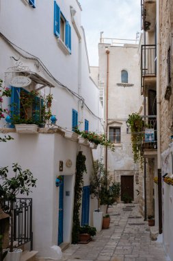 Polignano a Mare Italya 18 Eylül 2024 'te İtalya' nın Puglia şehrinin göbeğinde, sakin dar bir cadde parlak mavi panjurlar ve renkli çiçeklerle bezenmiş büyüleyici beyaz boyanmış binaları gözler önüne seriyor.