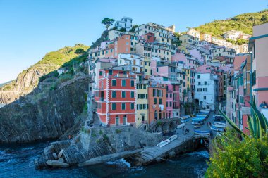 Canlı pastel binalar, sıcak öğleden sonra güneşiyle aydınlatılan Riomaggiore kayalık uçurumlarına tutunuyorlar. İtalya Cinque Terre 'de Riomaggiore