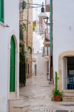 Ostuni Puglia 'nın hoş dar caddelerinde dolaşırken, geleneksel beyazlatılmış binalar ve renkli aksanların karışımı bu pitoresk İtalyan kasabasında büyüleyici bir ortam yaratır..