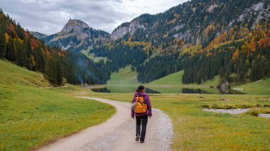 Bir yürüyüşçü, canlı sonbahar yaprakları ve görkemli dağlarla çevrili sakin Falensee 'de dolambaçlı bir patika boyunca yürüyor. Temiz hava ve çarpıcı manzaralar İsviçre 'den mükemmel bir kaçış sağlar.