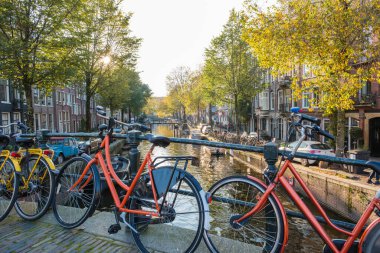 Altın sonbahar yaprakları ağaçların arasından süzülen güneş ışığı gibi Amsterdam 'ın sakin kanallarını kaplıyor. Kenarlara renkli bisikletler park edilmiş, bu resim ortamında keşif yapmaya davet ediyorlar..