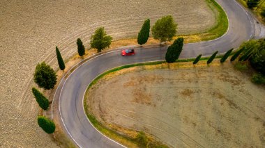 A vibrant red car navigates a winding twisting road surrounded by lush cypress trees, revealing the tranquil beauty of Tuscany Italy during a golden sunset, perfect for an enchanting journey. clipart