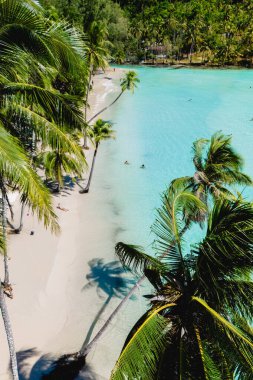 Tayland, Koh Kood 'un masmavi suları boyunca uzanan yumuşak beyaz kumlar. Bereketli palmiye ağaçları rüzgarda hafifçe sallanırken, ziyaretçiler sıcak güneşin altında sakin atmosferin tadını çıkarıyorlar..