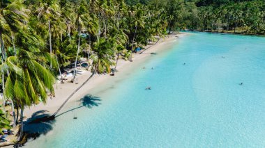 Visitors enjoy the tranquil beauty of Koh Kood, Thailand, where the crystal-clear waters meet soft sandy shores. Lush palm trees sway gently in the tropical breeze, creating a paradise for relaxation. clipart