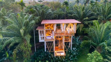 Sallanan palmiye ağaçlarının arasına kurulmuş bu büyüleyici ağaç ev huzurlu bir kaçış sunuyor. Isınan sıcaklık, ziyaretçileri dinlenmeye ve doğada dinlenmeye davet eder. Orman yağmur ormanlarında güneş doğarken kucaklaşırlar.