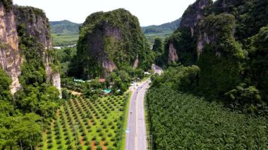 Krabi Tayland 'ın nefes kesici manzarasını deneyin, yüksek kireçtaşı uçurumları, canlı yeşil palmiye yağı ormanları, ve keşifleri davet eden dolambaçlı bir yol. 