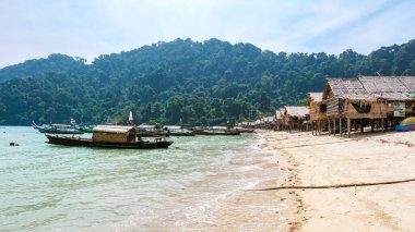 Geleneksel tekneler suda dinlenirken yumuşak dalgalar Tayland 'daki Surin Adası' nın kumlu kıyılarına çarpıyor. Bu güzel günde yemyeşil tepeler huzurlu bir zemin sağlar..