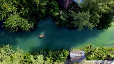 Koh Chang Tayland 'ın dingin güzelliğini deneyimleyin. Yağmur ormanlarındaki yemyeşil sularda süzülen tek bir kano.