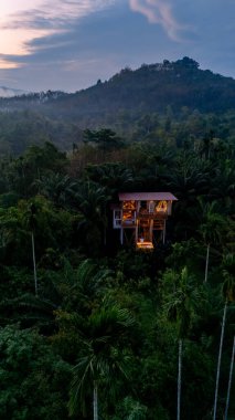 Ağaçların tepesine kurulmuş büyüleyici bir ağaç ev, yağmur ormanı tropikal manzarasına çöken alacakaranlıkla aydınlanıyor. Yoğun ormanlarla çevrili sakin ortam rahatlamaya davetiye çıkarıyor..