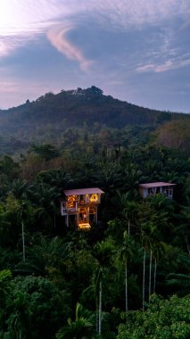 Canlı yeşilliklerin arasına yerleşmiş iki büyüleyici villa, ormanın dağlık manzarasına çöken alacakaranlıkta sıcacık bir şekilde ışıldıyor. Yağmur ormanlarındaki ağaç evi.