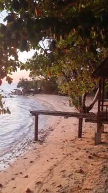 Tayland 'ın sakin kıyı şeridinde verimli yeşillik ve nazik dalgalarla çevrili büyüleyici ahşap bir çardak Koh Munnork Adası' ndaki doğanın güzelliği için ideal.