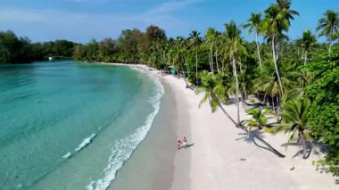 İki kişi, sallanan palmiyeler ve kristal berrak Koh Kood Adası Tayland tropik cenneti sularıyla çevrili sakin bir plajda el ele yürüyor..