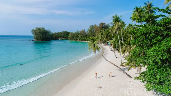 Parlak güneş ışığı, iki yolcunun kıyı boyunca yürüdüğü Koh Kood Adası 'nın el değmemiş kumlu plajını aydınlatır. Bereketli palmiye ağaçları sakin sahneyi çevreleyerek rahatlamaya ve keşfetmeye davetiye çıkarır..